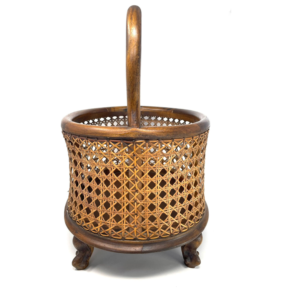 Vintage Wooden and Cane Basket - 18.5" H X 12.5" W X 14.5" L (Oval)