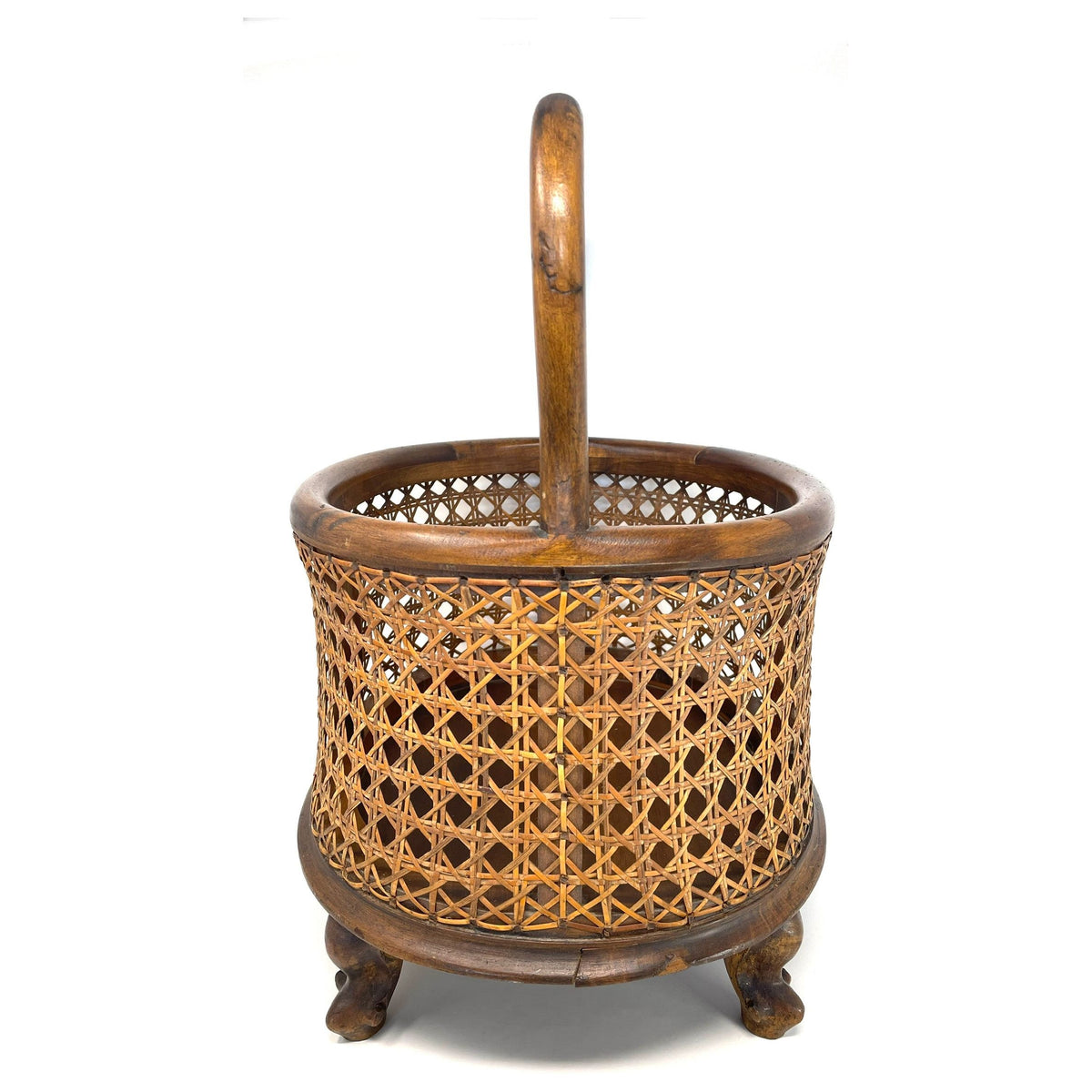 Vintage Wooden and Cane Basket - 18.5" H X 12.5" W X 14.5" L (Oval)