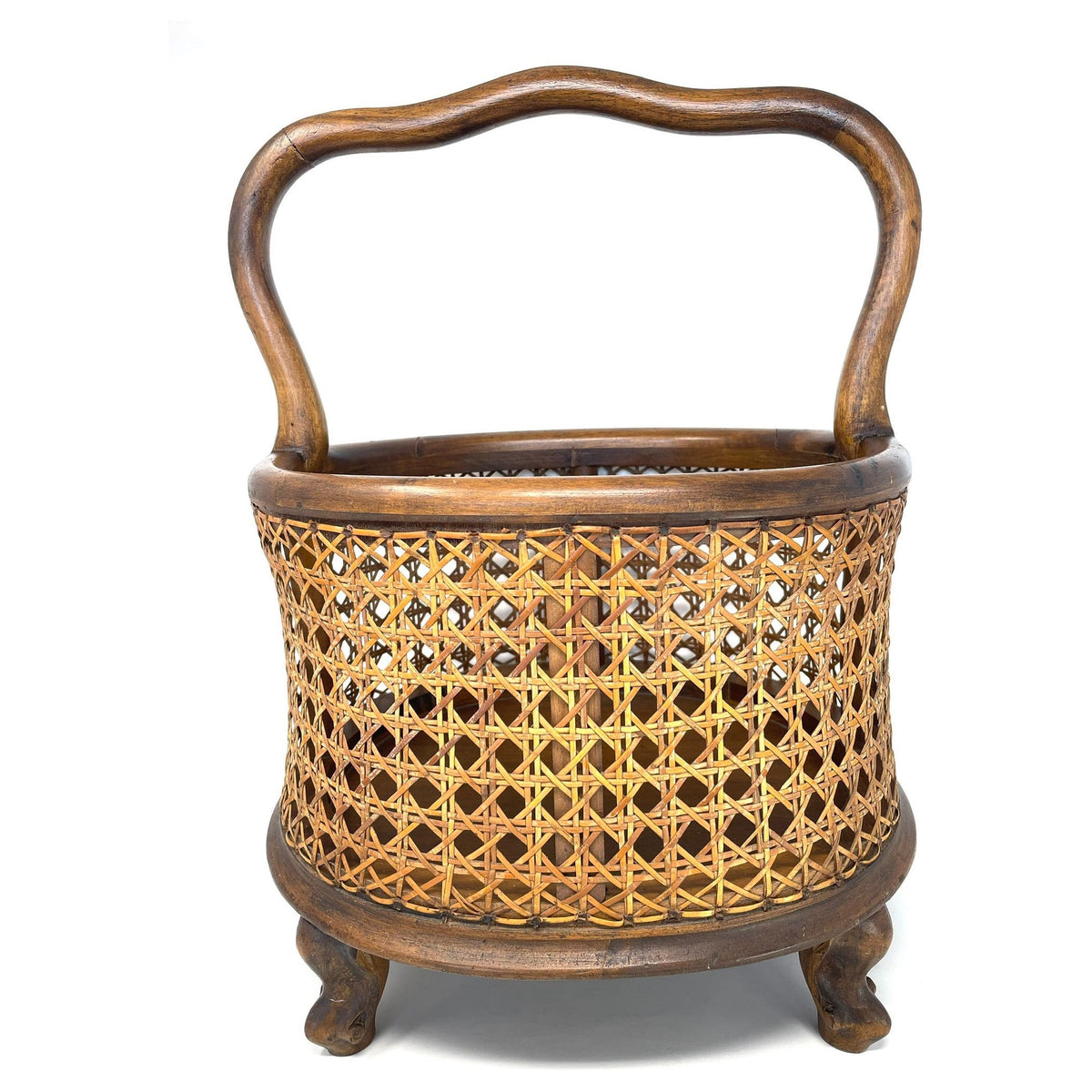 Vintage Wooden and Cane Basket - 18.5" H X 12.5" W X 14.5" L (Oval)