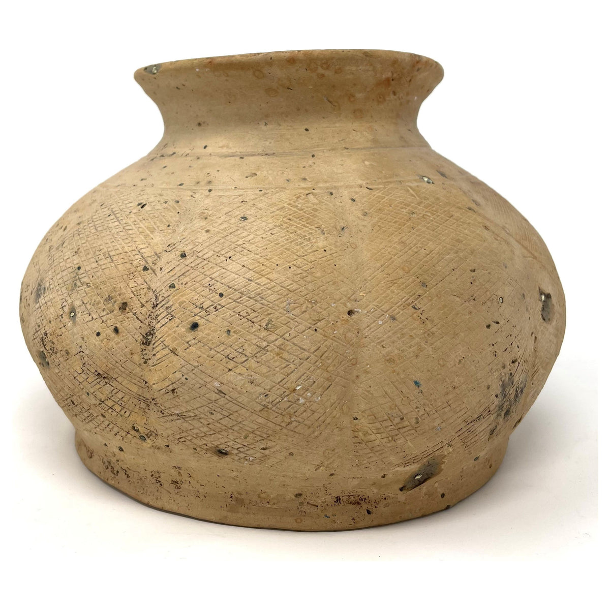 Chinese Ming Dynasty Martaban Beige Earthenware Pot - 6" H X 9" Diam.