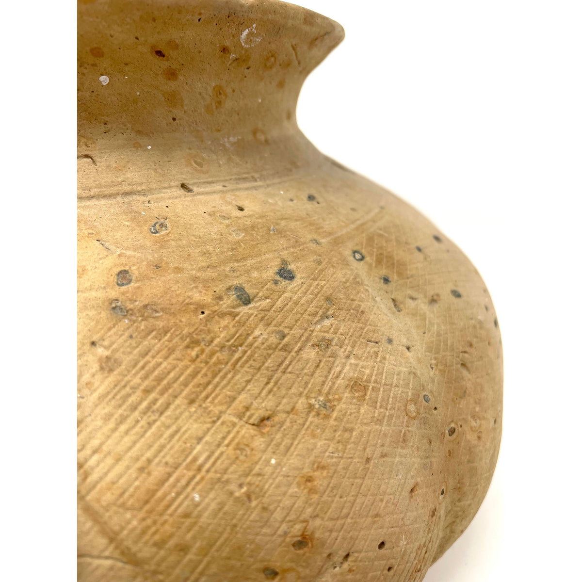 Chinese Ming Dynasty Martaban Beige Earthenware Pot - 6" H X 9" Diam.