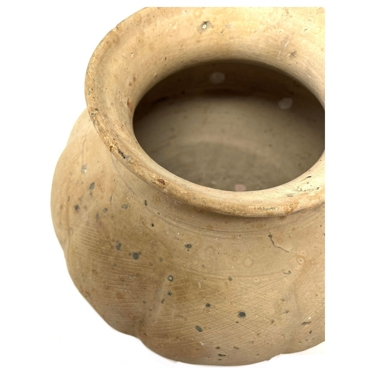 Chinese Ming Dynasty Martaban Beige Earthenware Pot - 6" H X 9" Diam.