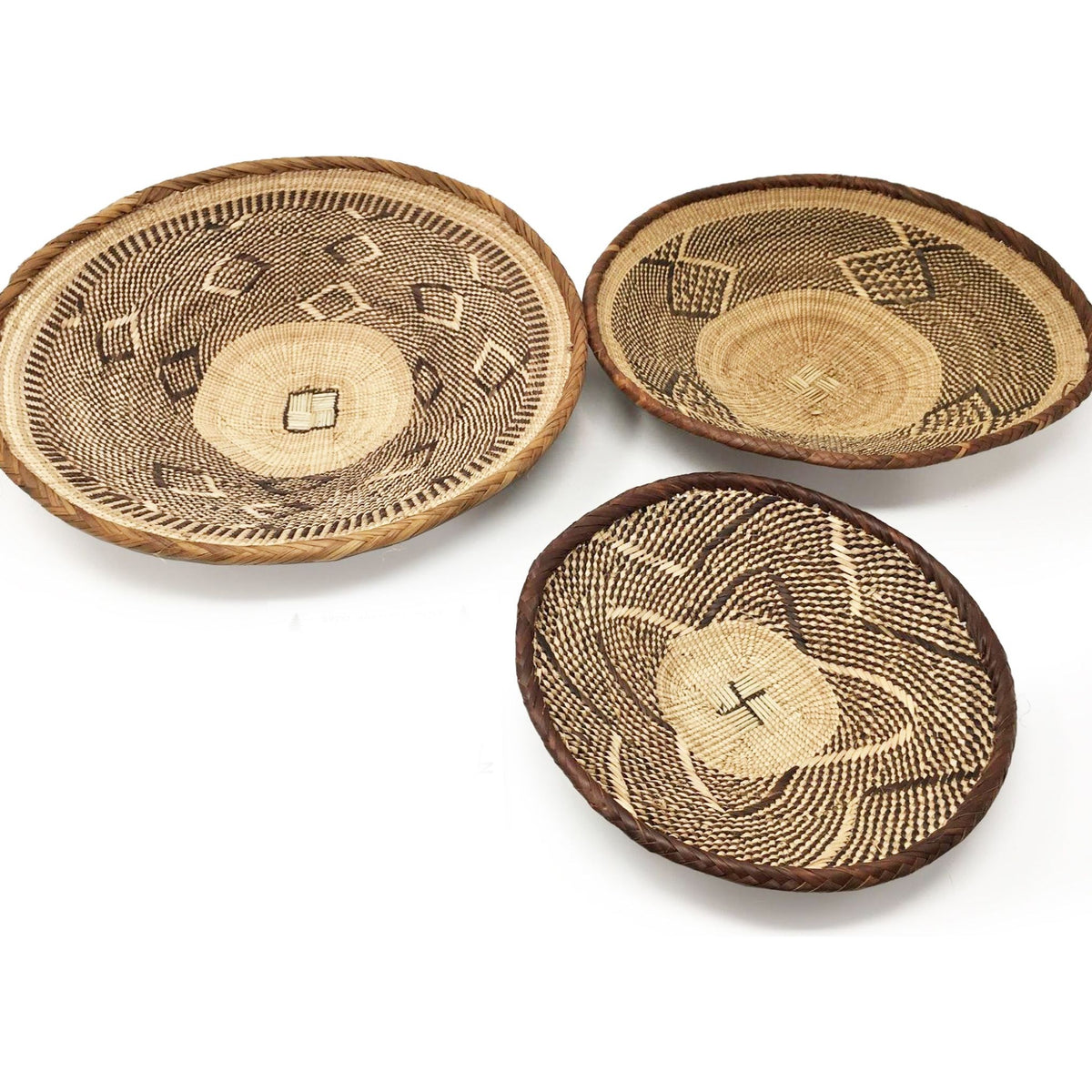Trio of Tongan Handwoven Baskets from Zimbabwe - 10", 12", & 14" Diam.