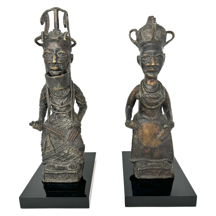 Set of Benin-Style Bronzes of Seated African King and Queen from Nigeria on Black Acrylic Bases.
