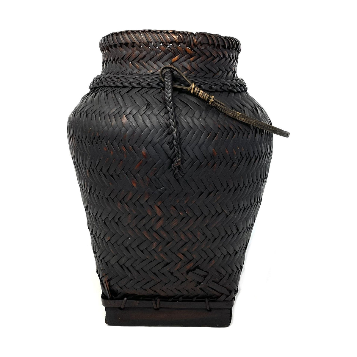 Vintage Jar-Shaped Dark Brown Basket with Handle from the Philippines - 14" H X 11.5" Diam.