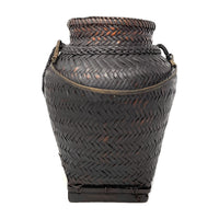 Vintage Jar-Shaped Dark Brown Basket with Handle from the Philippines - 14" H X 11.5" Diam.