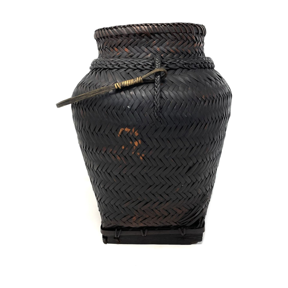 Vintage Jar-Shaped Dark Brown Basket with Handle from the Philippines - 14" H X 11.5" Diam.