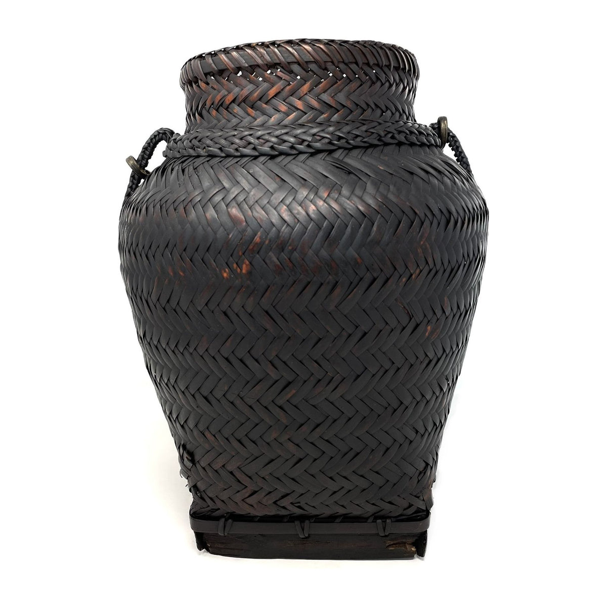 Vintage Jar-Shaped Dark Brown Basket with Handle from the Philippines - 14" H X 11.5" Diam.