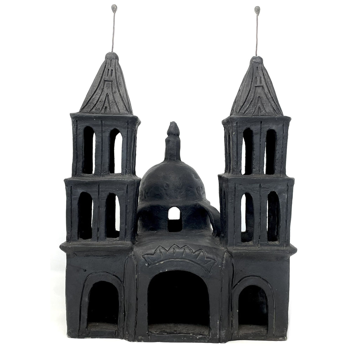 Hard-to-Find Black Pottery Folk Art Cathedral from Oaxaca, Mexico - 15.5" H X 10.5" W X 10.5" D