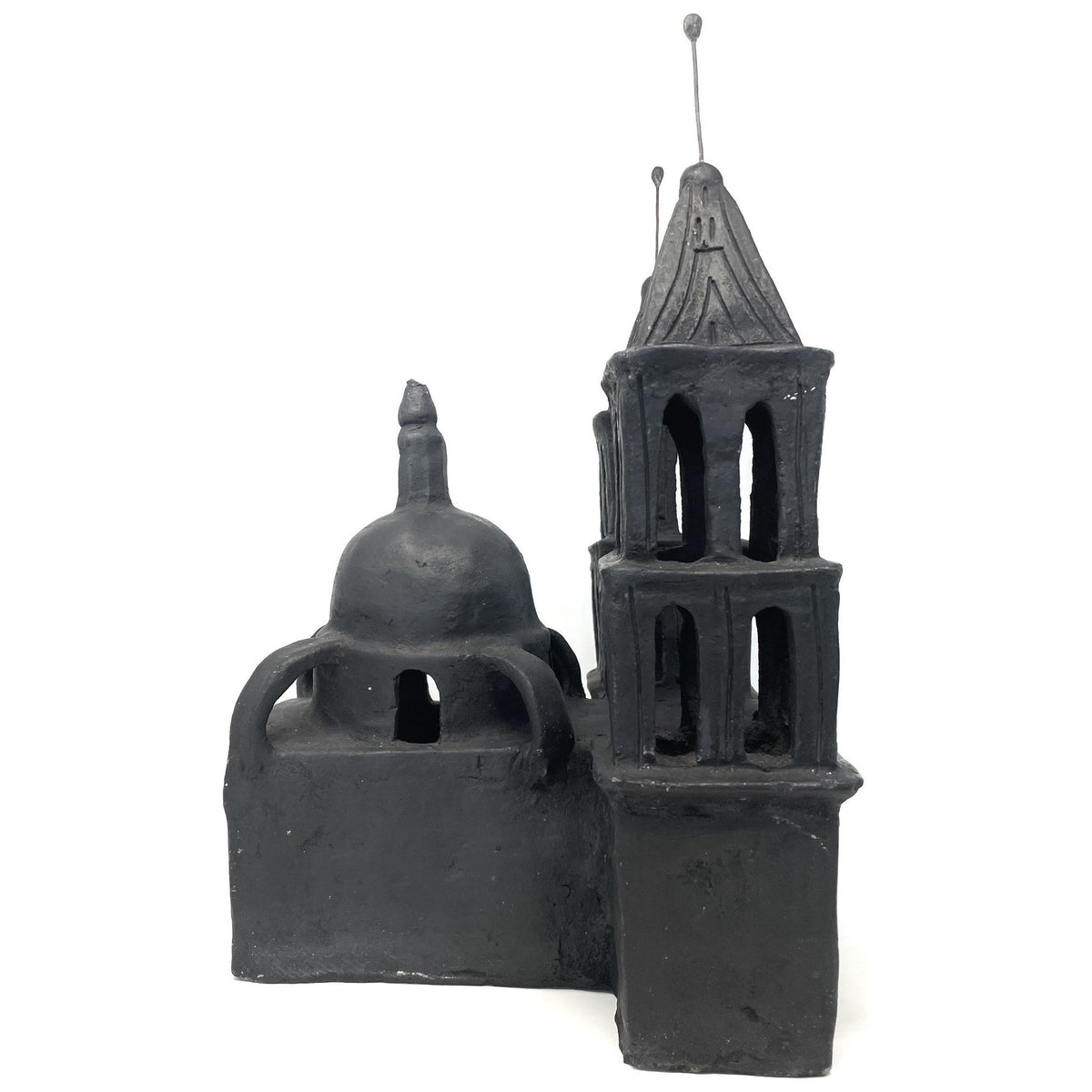 Hard-to-Find Black Pottery Folk Art Cathedral from Oaxaca, Mexico - 15.5" H X 10.5" W X 10.5" D