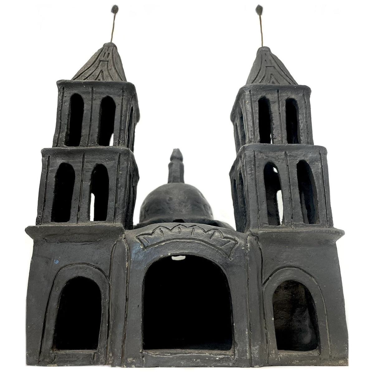 Hard-to-Find Black Pottery Folk Art Cathedral from Oaxaca, Mexico - 15.5" H X 10.5" W X 10.5" D