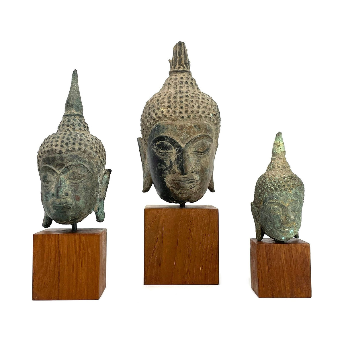 Three 19th Century Thai Bronze Buddha Heads - 5" H, 6" H & 3.5" H