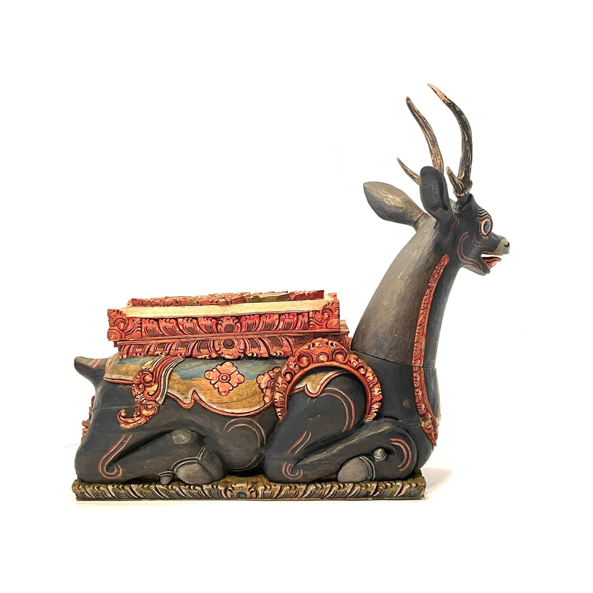 Vintage Handpainted Grey & Red Balinese Resting Deer Sculpture - 26" H X 26" L X 7.5" W