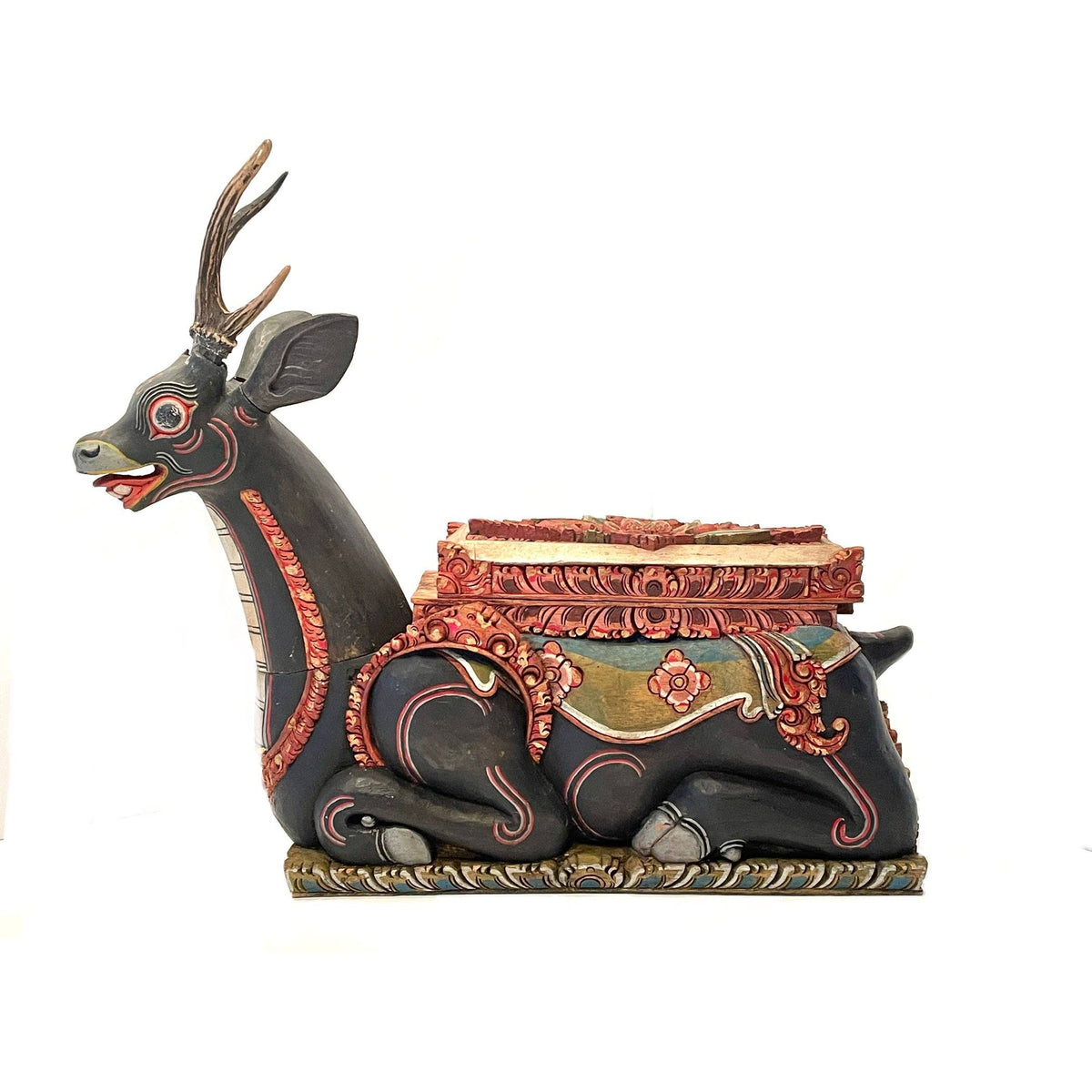 Vintage Handpainted Grey & Red Balinese Resting Deer Sculpture - 26" H X 26" L X 7.5" W