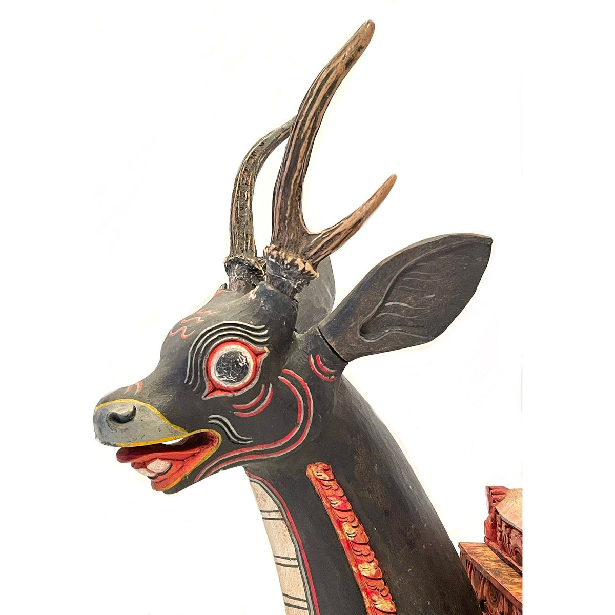 Vintage Handpainted Grey & Red Balinese Resting Deer Sculpture - 26" H X 26" L X 7.5" W