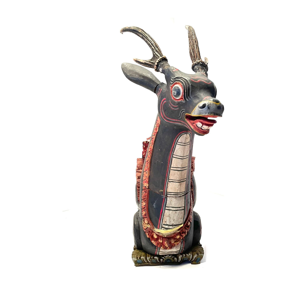 Vintage Handpainted Grey & Red Balinese Resting Deer Sculpture - 26" H X 26" L X 7.5" W