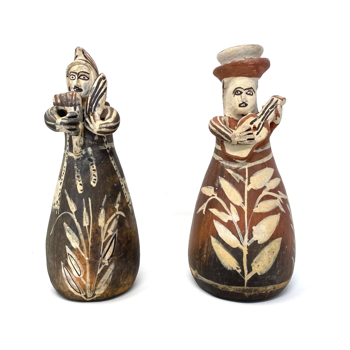 Set of Two Quinua Folk Art Musicians (Flutist and Guitarist) from Peru Measuring 9 Inches Tall and 4 Inches Diameter