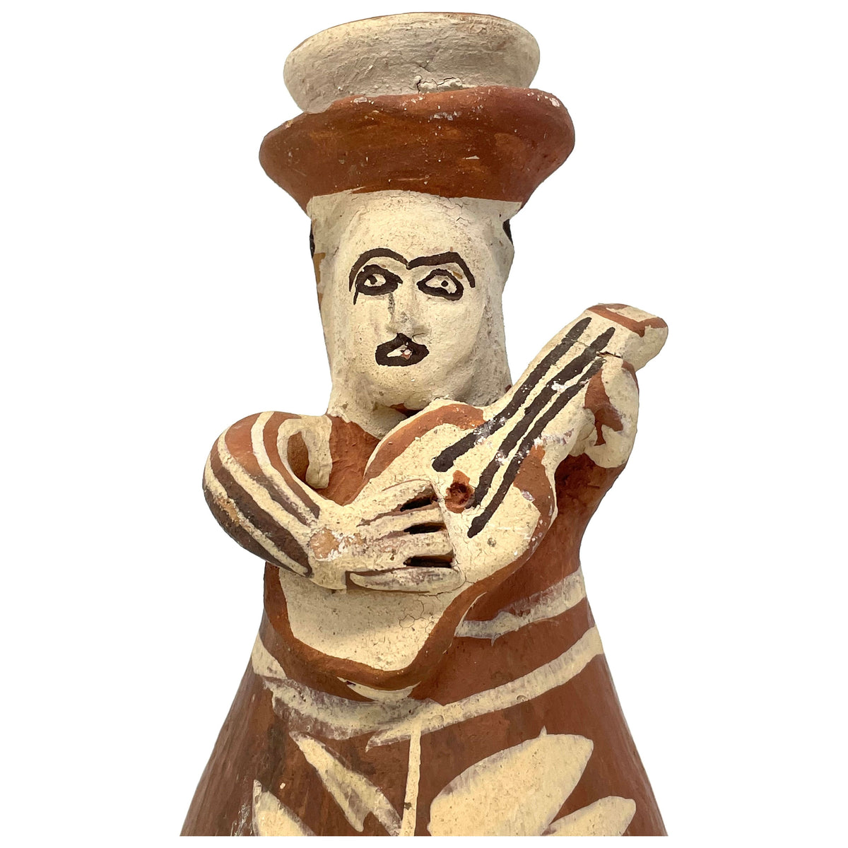 Set of Two Quinua Folk Art Musicians (Flutist and Guitarist) from Peru Measuring 9 Inches Tall and 4 Inches Diameter