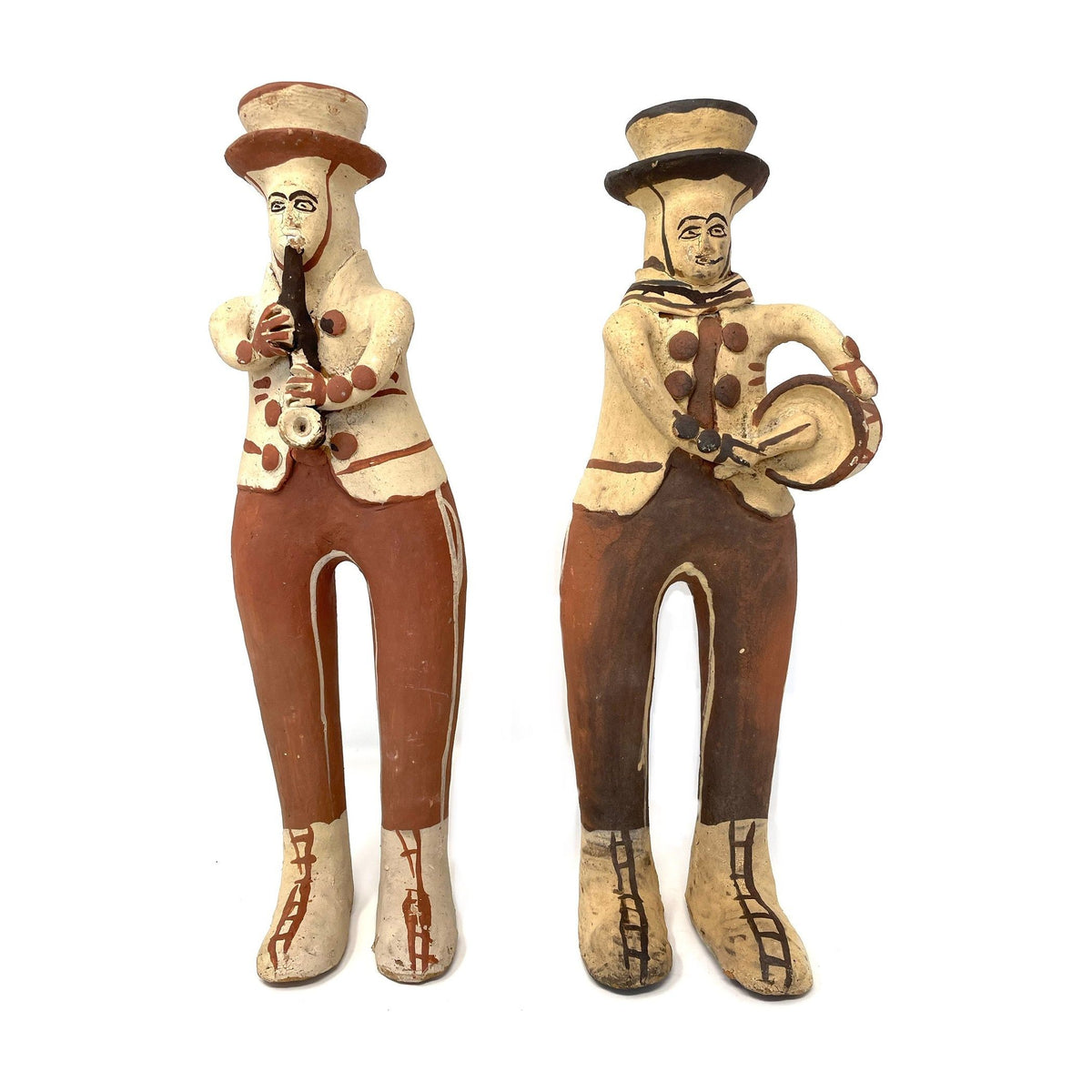 Set of Two Don Mamerto Sánchez Cárdenas Folk Art 'Bottle' Musicians (Saxophone Player & Drummer) from Peru - 14" H X 4.5" W X 3.5" D (Each)