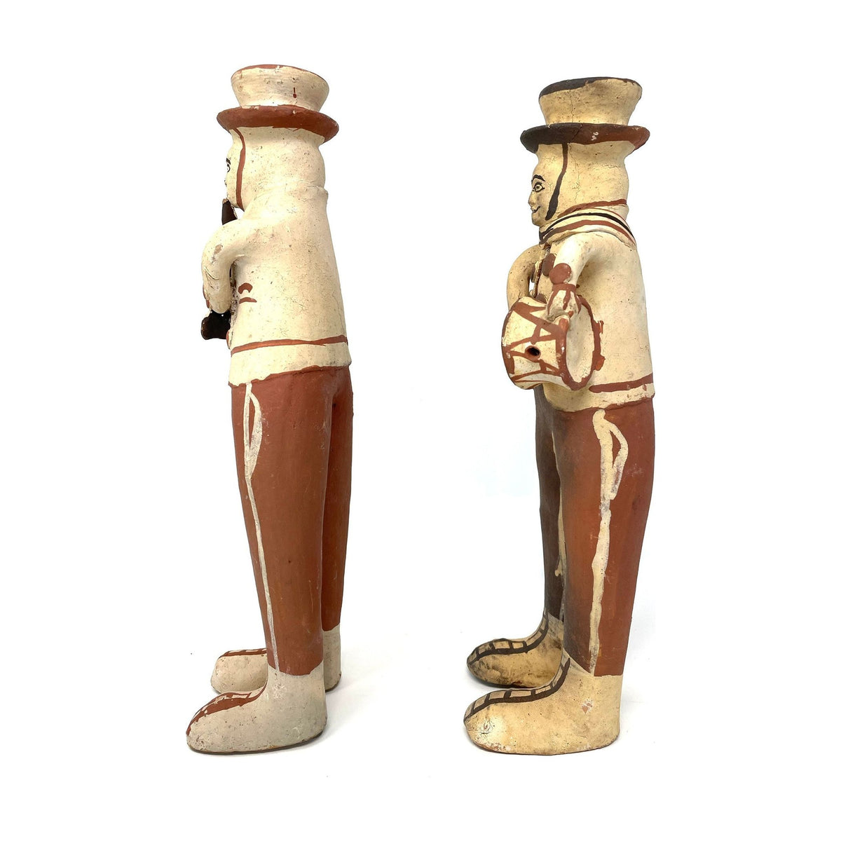 Set of Two Don Mamerto Sánchez Cárdenas Folk Art 'Bottle' Musicians (Saxophone Player & Drummer) from Peru - 14" H X 4.5" W X 3.5" D (Each)