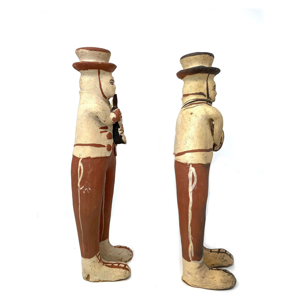 Set of Two Don Mamerto Sánchez Cárdenas Folk Art 'Bottle' Musicians (Saxophone Player & Drummer) from Peru - 14" H X 4.5" W X 3.5" D (Each)