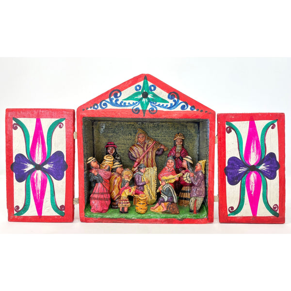 Handpainted Folk Art Retablo with Musicians from Peru - 7" H X 12.75" W