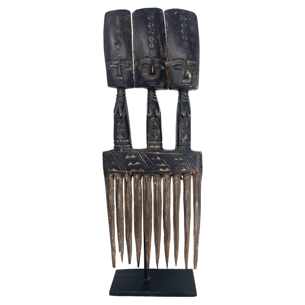 Ashanti Hand-Carved Wooden Comb with Custom Metal Stand from Ghana - 13.5" H X 6.5" W X 1.5" D