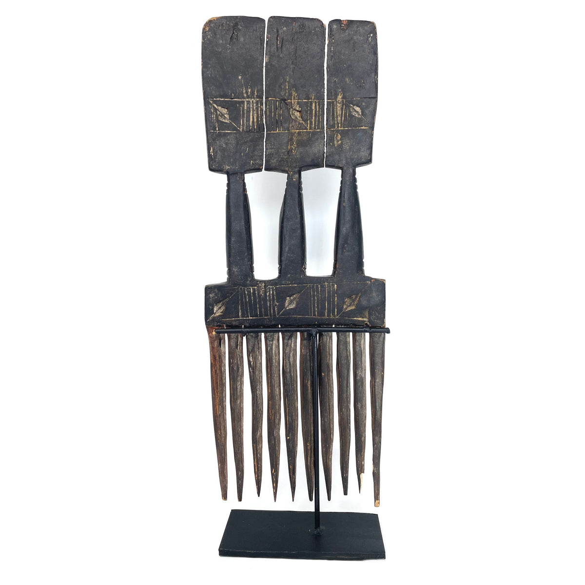 Ashanti Hand-Carved Wooden Comb with Custom Metal Stand from Ghana - 13.5" H X 6.5" W X 1.5" D