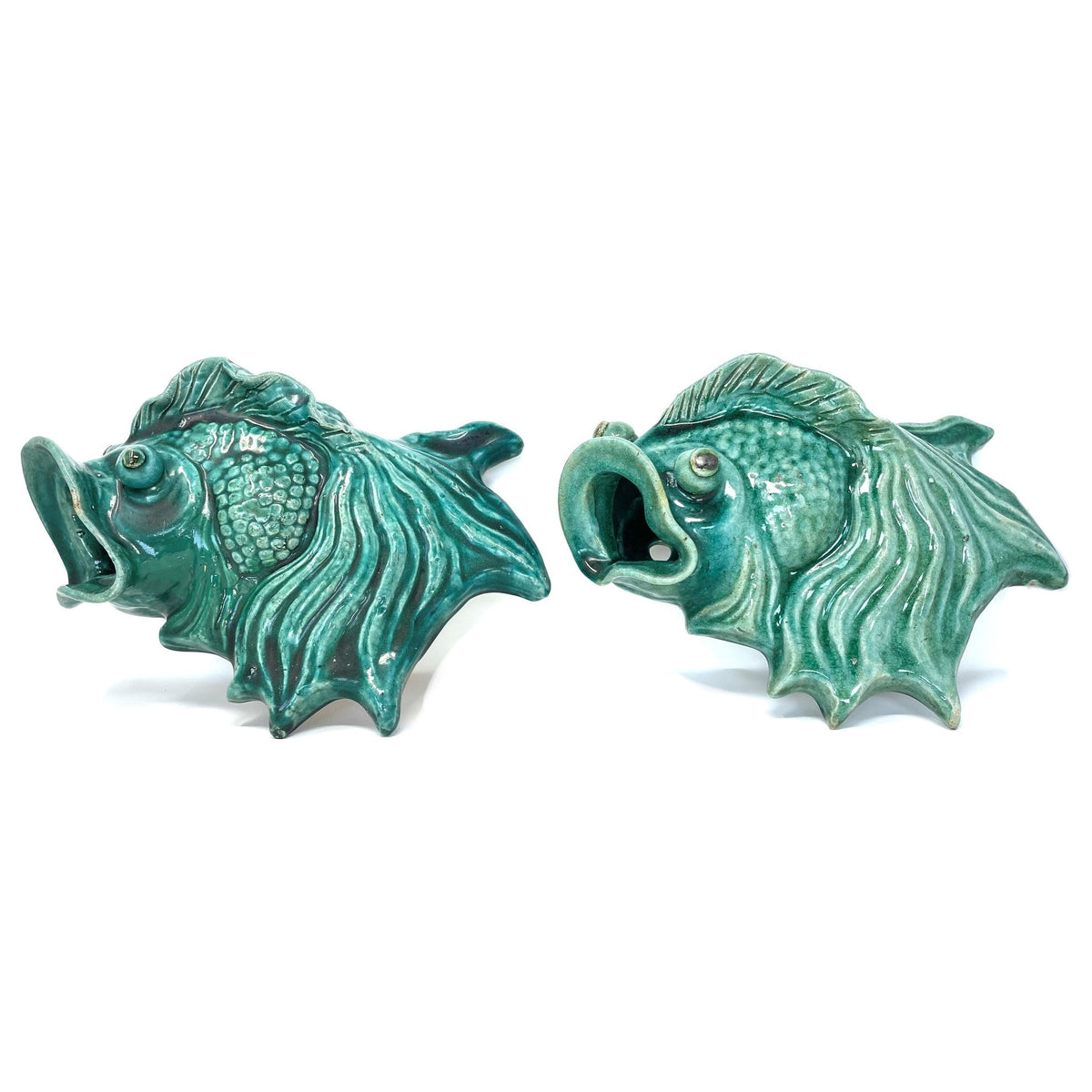 Pair of Vintage Celadon-Colored Vietnamese Ceramic Fish for Wall Display - 13" H X 9.5" L X 4.5" D (Each)