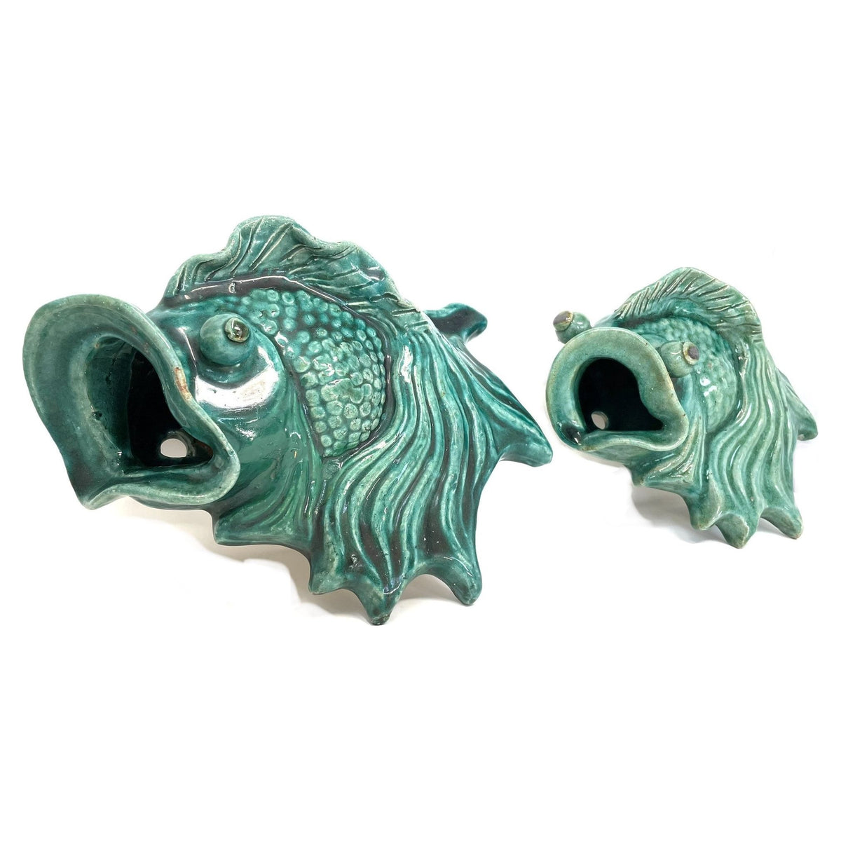 Pair of Vintage Celadon-Colored Vietnamese Ceramic Fish for Wall Display - 13" H X 9.5" L X 4.5" D (Each)