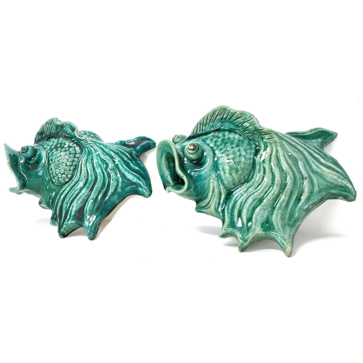 Pair of Vintage Celadon-Colored Vietnamese Ceramic Fish for Wall Display - 13" H X 9.5" L X 4.5" D (Each)