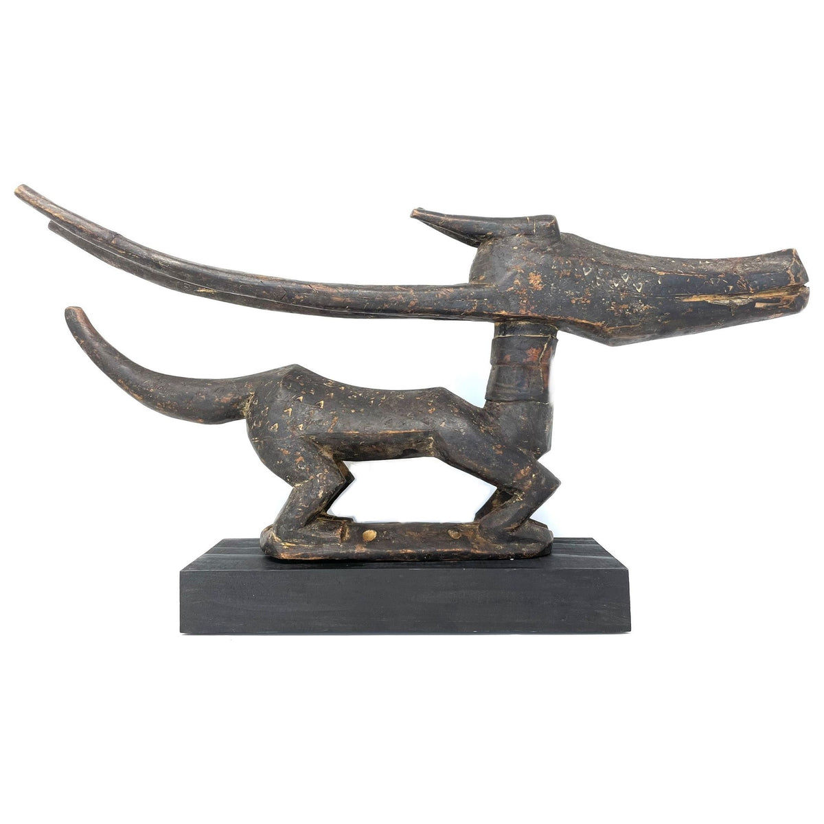 Horizontal Bamana/Bambara Chiwara Carved Wood Figure Headdress from Mali -  11" H X 21" L X 2.5" D