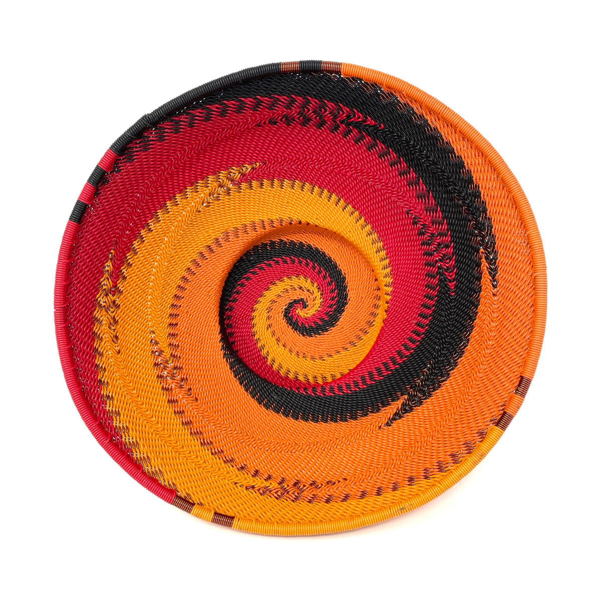 Vibrant Zulu Imbenge Telephone Wire Basket from South Africa with Copper, Red, Orange and Black Coloration and Design Measuring 8.25 Inches Diameter by 3.25 Inches Tall