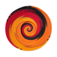 Vibrant Zulu Imbenge Telephone Wire Basket from South Africa with Copper, Red, Orange and Black Coloration and Design Measuring 8.25 Inches Diameter by 3.25 Inches Tall