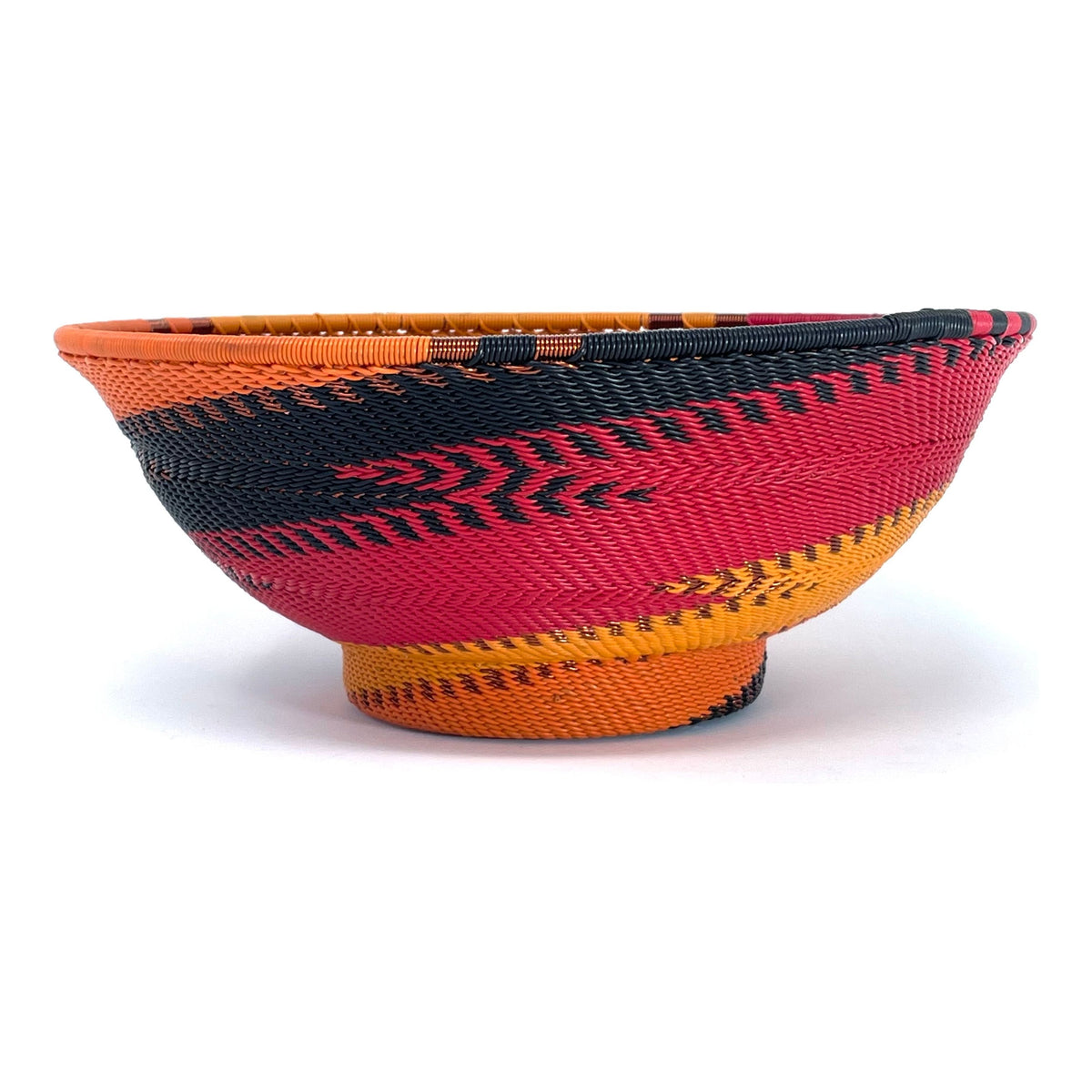 Vibrant Zulu Imbenge Telephone Wire Basket from South Africa with Copper, Red, Orange and Black Coloration and Design Measuring 8.25 Inches Diameter by 3.25 Inches Tall