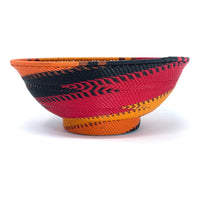 Vibrant Zulu Imbenge Telephone Wire Basket from South Africa with Copper, Red, Orange and Black Coloration and Design Measuring 8.25 Inches Diameter by 3.25 Inches Tall