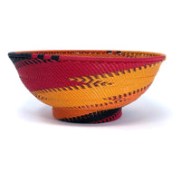 Vibrant Zulu Imbenge Telephone Wire Basket from South Africa with Copper, Red, Orange and Black Coloration and Design Measuring 8.25 Inches Diameter by 3.25 Inches Tall