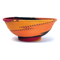 Vibrant Zulu Imbenge Telephone Wire Basket from South Africa with Copper, Red, Orange and Black Coloration and Design Measuring 8.25 Inches Diameter by 3.25 Inches Tall