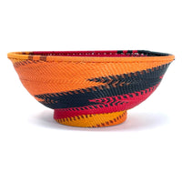 Vibrant Zulu Imbenge Telephone Wire Basket from South Africa with Copper, Red, Orange and Black Coloration and Design Measuring 8.25 Inches Diameter by 3.25 Inches Tall