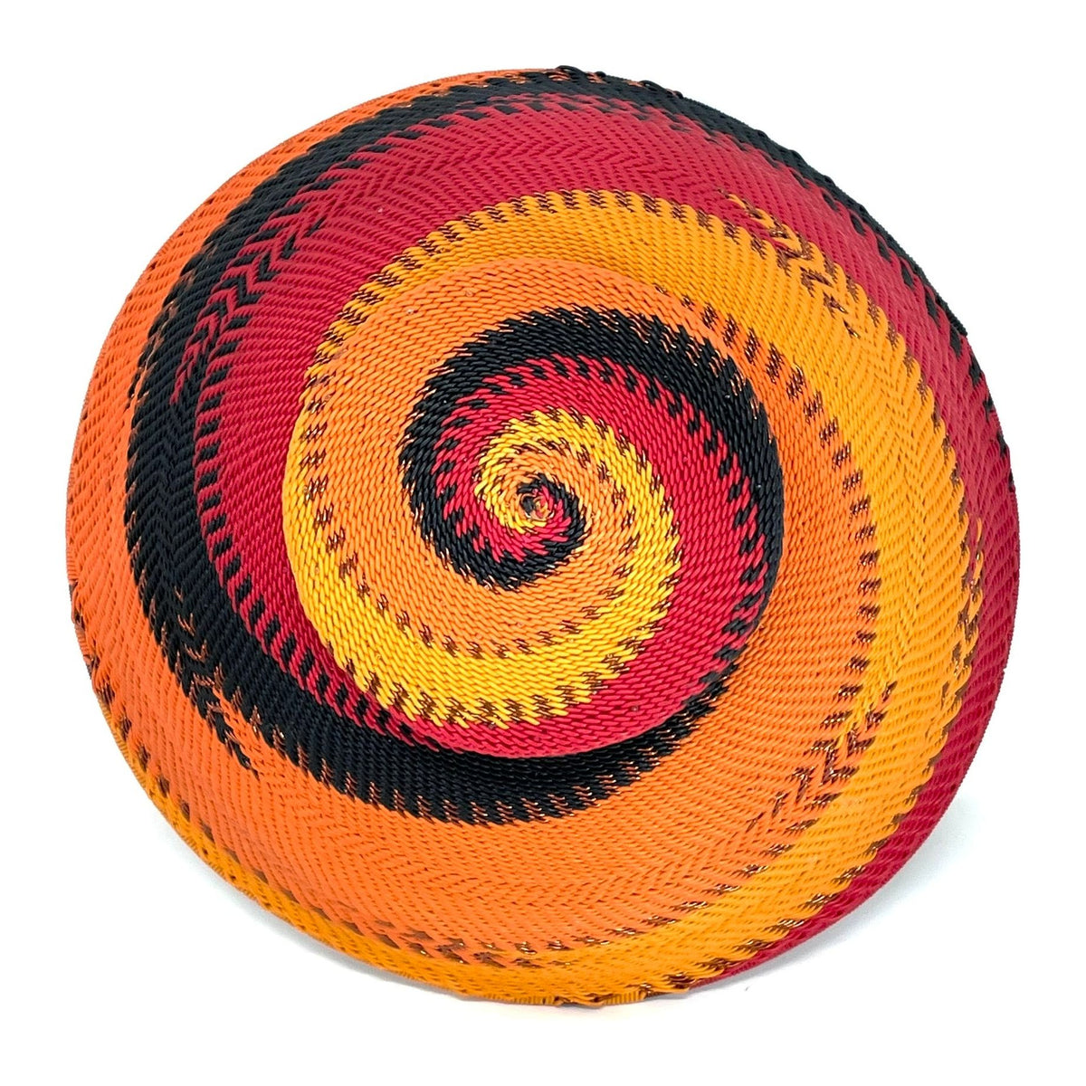 Vibrant Zulu Imbenge Telephone Wire Basket from South Africa with Copper, Red, Orange and Black Coloration and Design Measuring 8.25 Inches Diameter by 3.25 Inches Tall