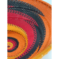 Vibrant Zulu Imbenge Telephone Wire Basket from South Africa with Copper, Red, Orange and Black Coloration and Design Measuring 8.25 Inches Diameter by 3.25 Inches Tall