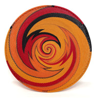 Vibrant Zulu Imbenge Telephone Wire Basket from South Africa with Copper, Red, Orange and Black Coloration and Design Measuring 12.5 Inches Diameter by 2.75 Inches Tall