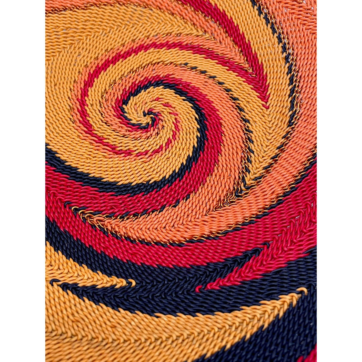 Vibrant Zulu Imbenge Telephone Wire Basket from South Africa with Copper, Red, Orange and Black Coloration and Design Measuring 12.5 Inches Diameter by 2.75 Inches Tall