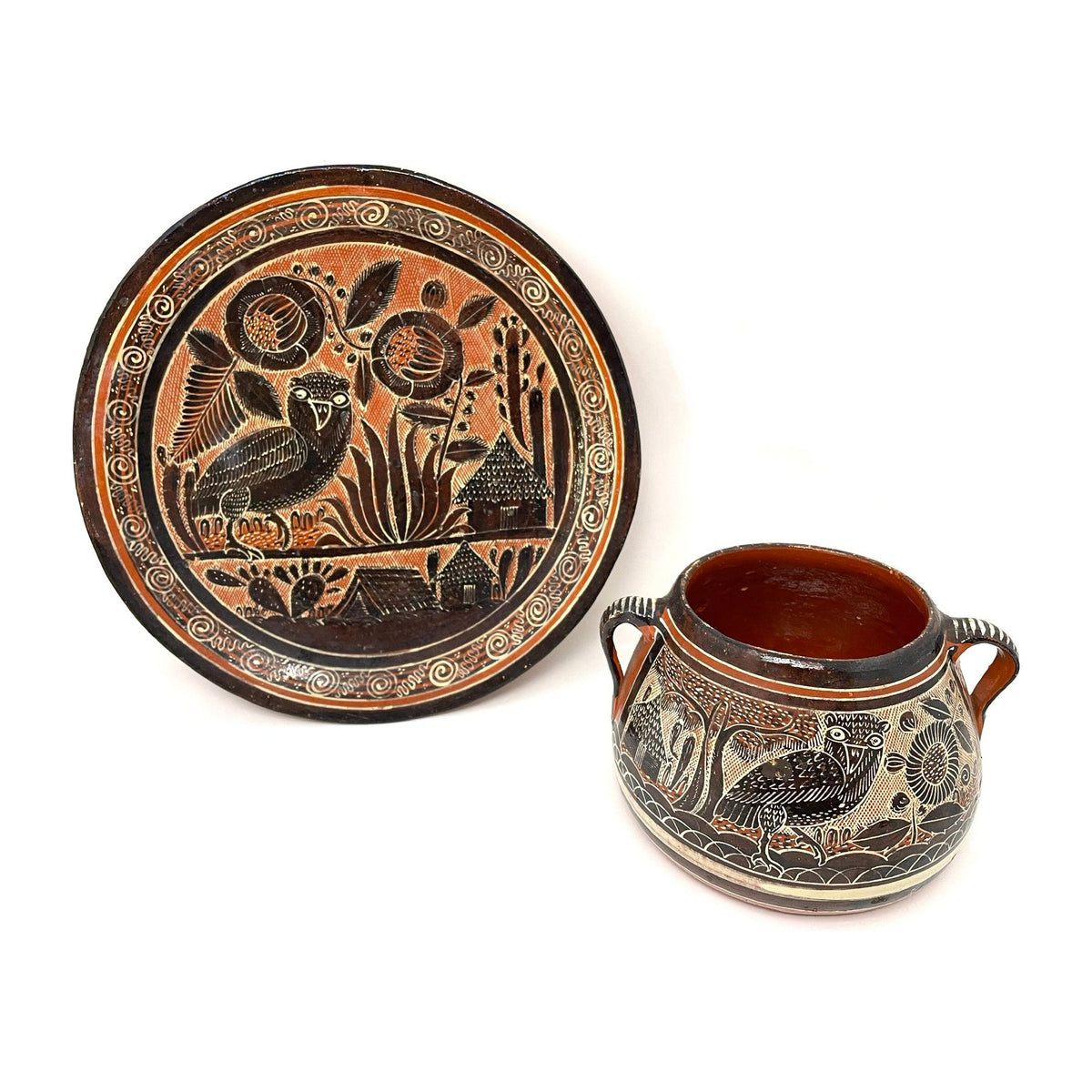 Vintage Tlaquepaque Plate and Two Handled Pot in 'Petatillo Noche-Style' from Jalisco, Mexico