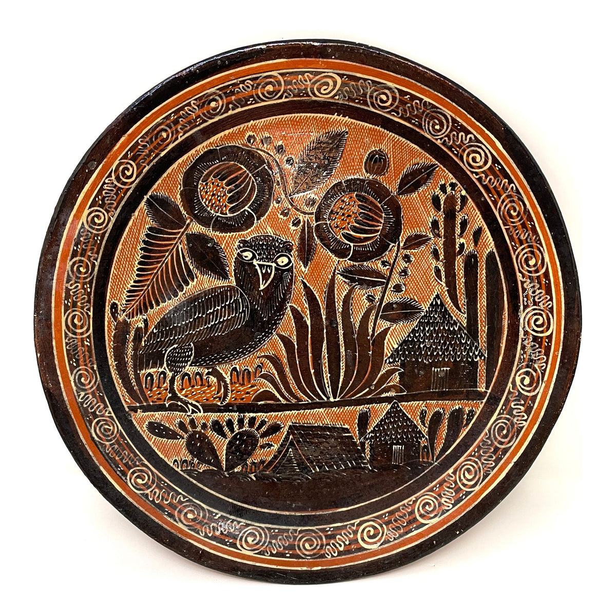 Vintage Tlaquepaque Plate and Two Handled Pot in 'Petatillo Noche-Style' from Jalisco, Mexico