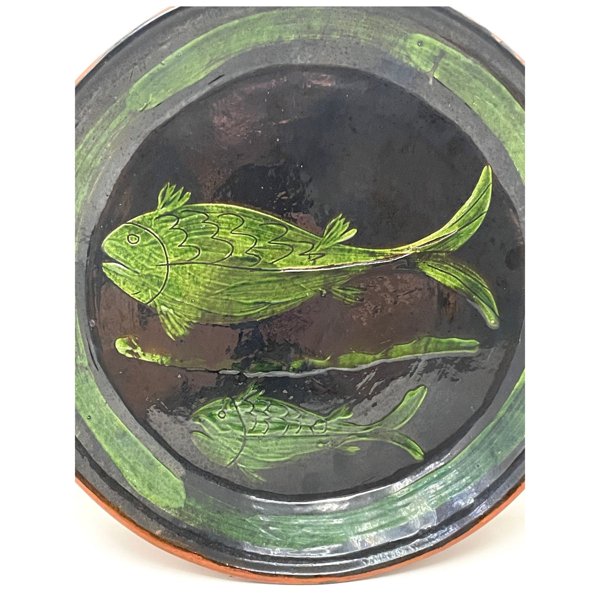 Vintage Patamban Black & Green Plate Featuring Two Fish from Michoacán, Mexico - 11" Diam. X 1.25" H