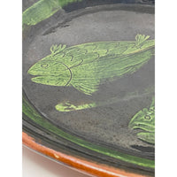 Vintage Patamban Black & Green Plate Featuring Two Fish from Michoacán, Mexico - 11" Diam. X 1.25" H