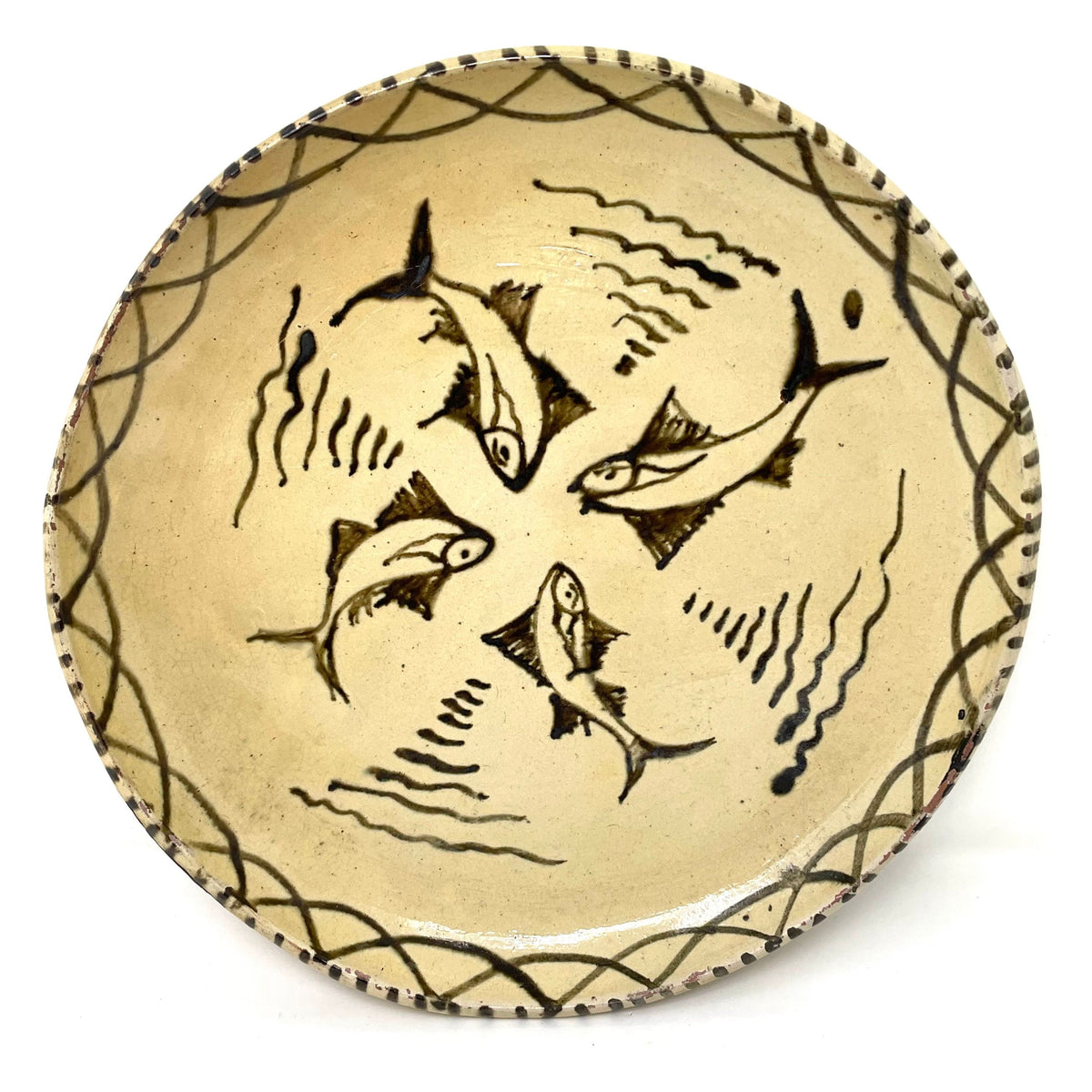 Vintage Tzintzuntzan Plate Featuring Four Fish and Rippling Water from Michoacán, Mexico - 10.5" Diam. X 1.25" H