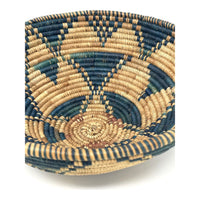 Vintage Botswana Basket with 'Flight of the Swallow' Pattern in Aqua Blue Measuring 8.75 Inches Diameter by 3.5 Inches Tall