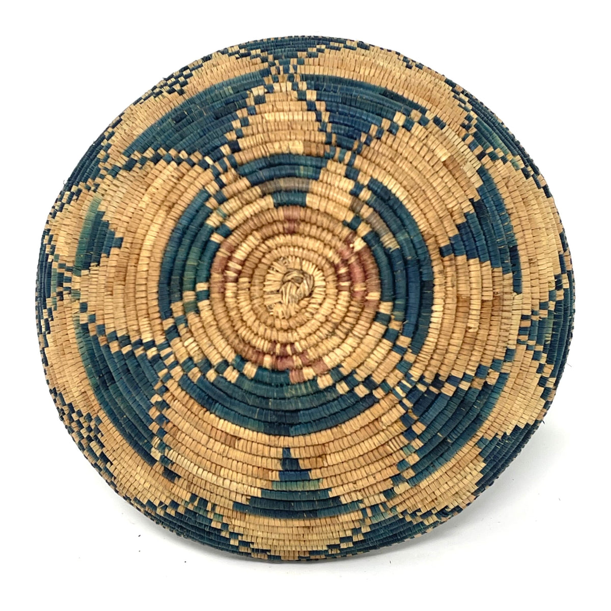 Vintage Botswana Basket with 'Flight of the Swallow' Pattern in Aqua Blue Measuring 8.75 Inches Diameter by 3.5 Inches Tall